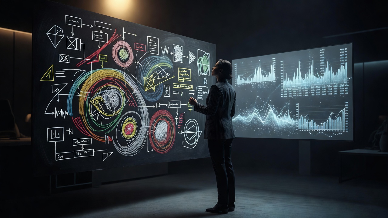 A person studying a chalkboard of ideas beside a screen of raw data, choosing the board