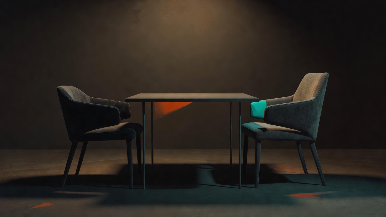 Two chairs facing each other across a small table in warm light