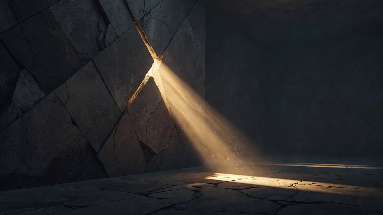 A shaft of sunlight breaking through a cracked wall into a dim room