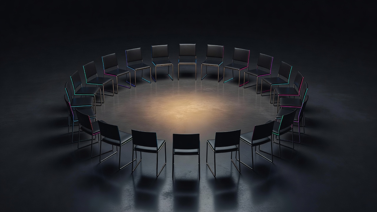A circle of empty chairs in warm light