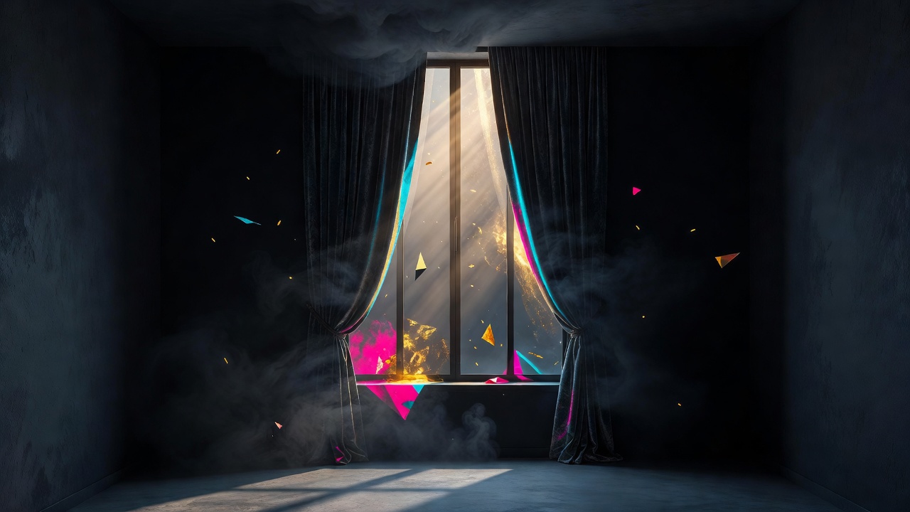 A window with curtains drawn open to let in morning light