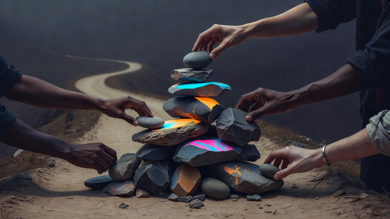 Several hands adding stones to a shared cairn beside a trail