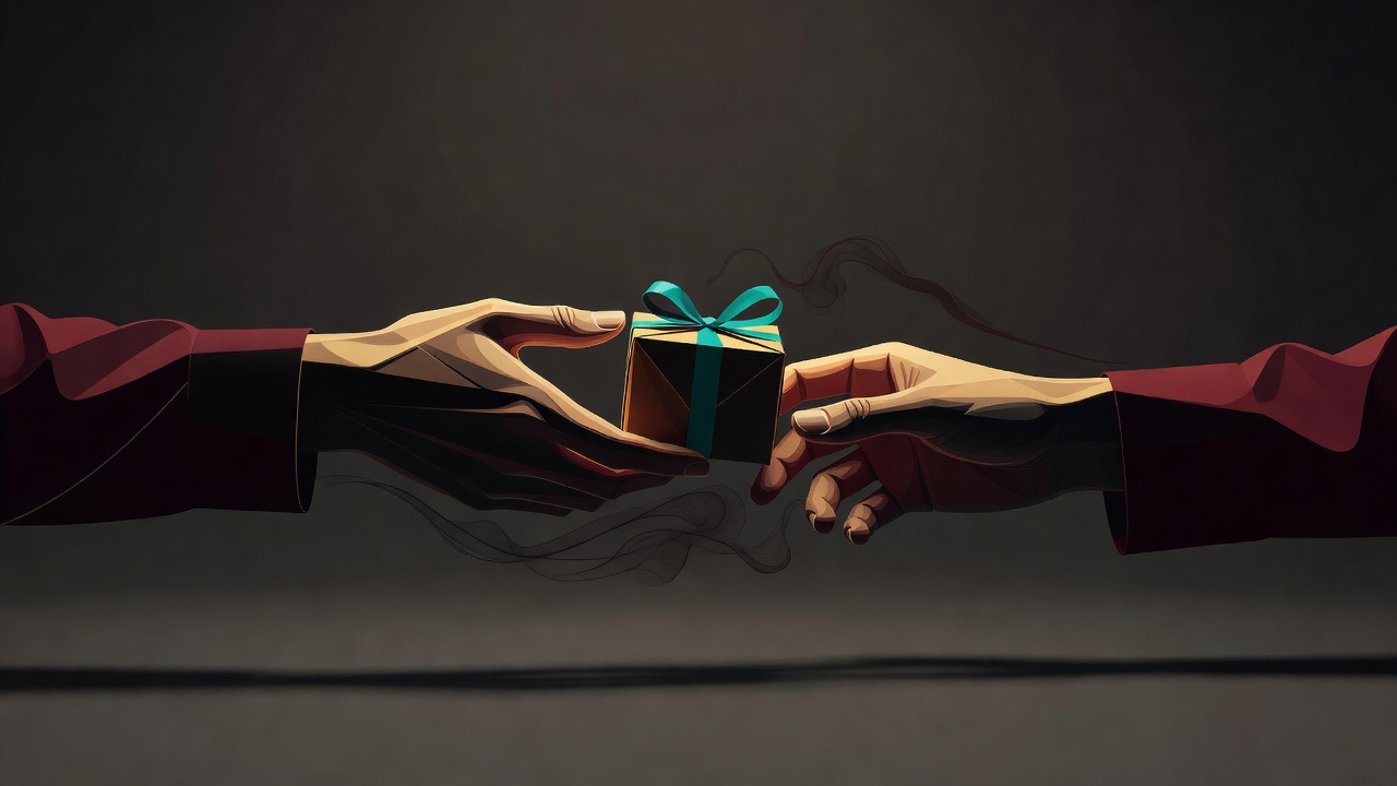 Two hands mid-exchange passing a small gift, with a faint contract shape appearing between them