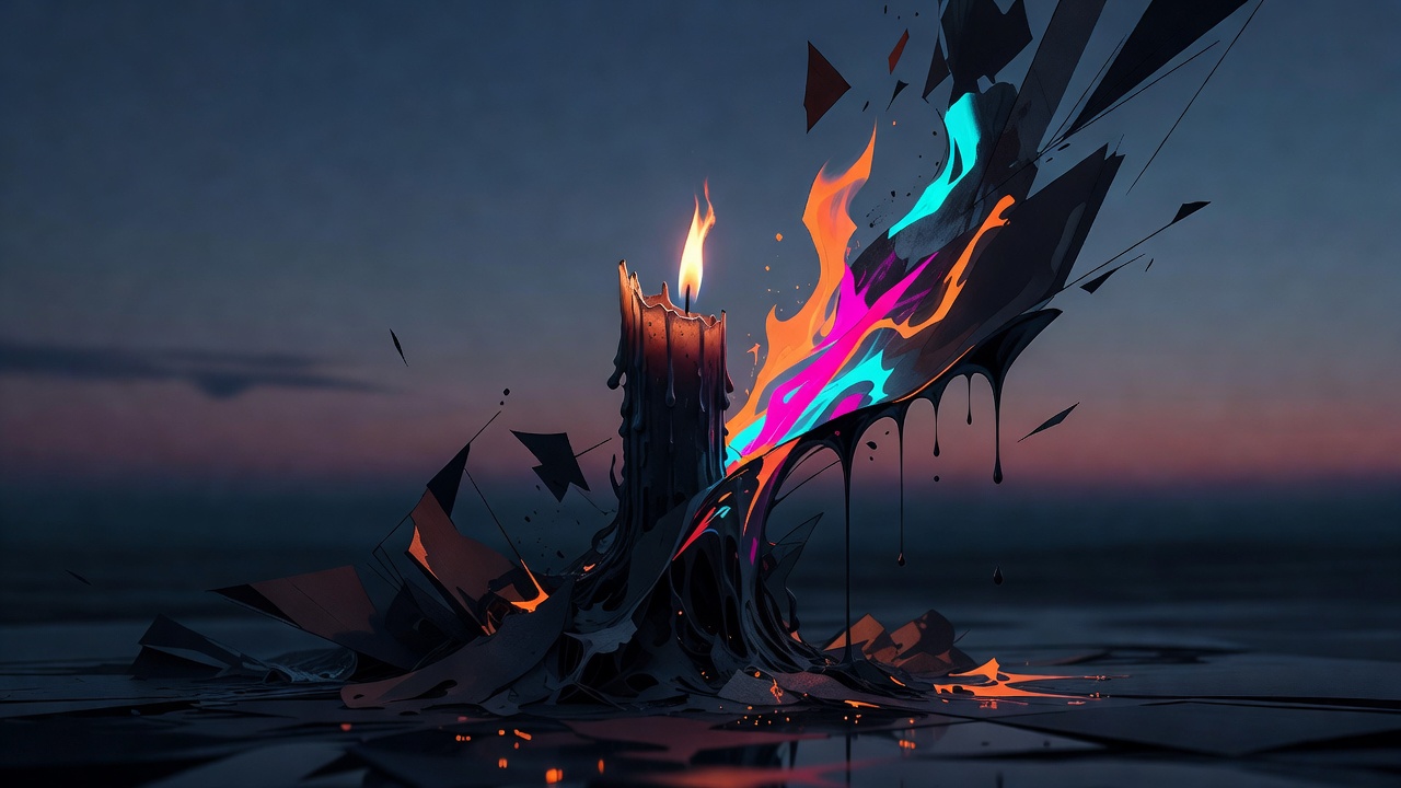 A candle burned low but still lit at dusk