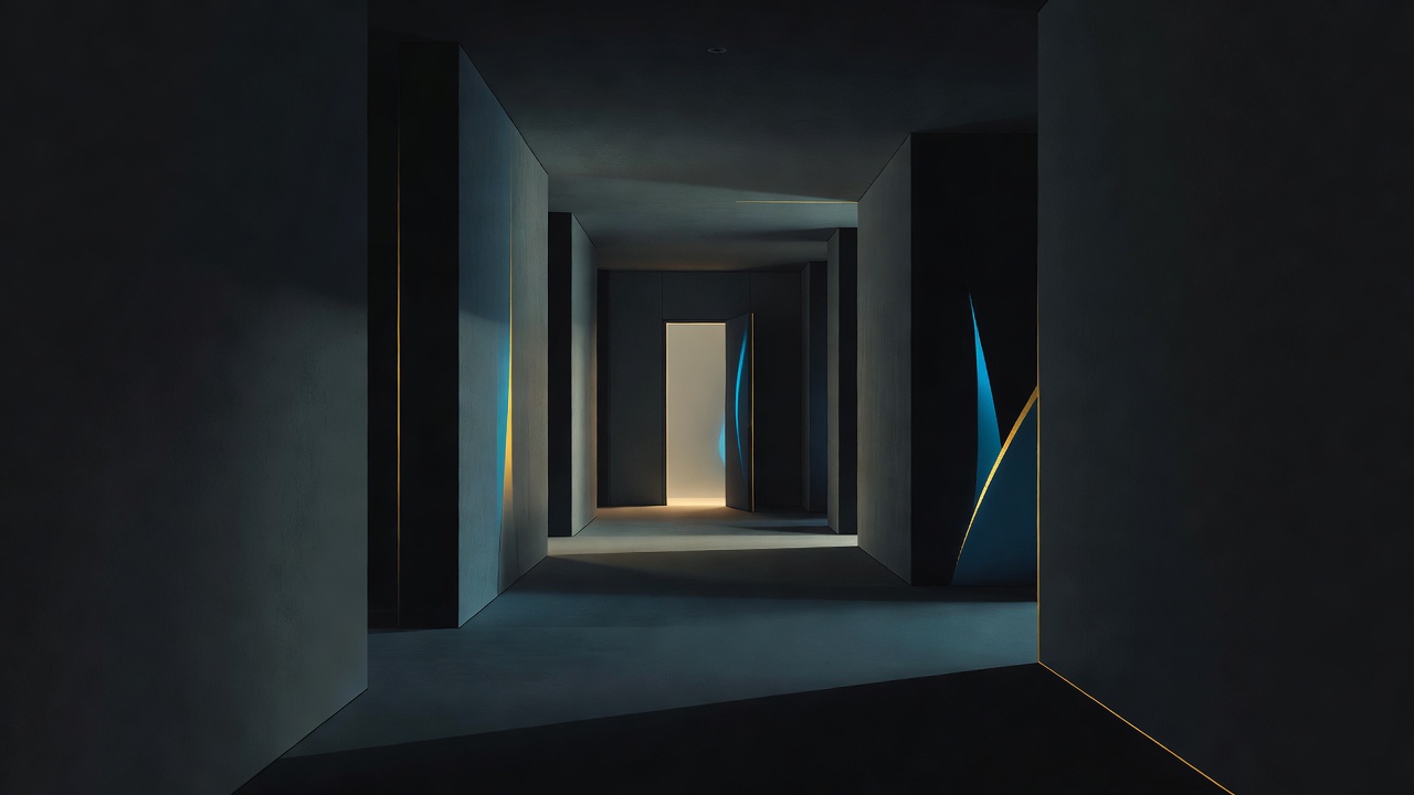 A single softly lit doorway at the end of a shadowed hallway in muted light