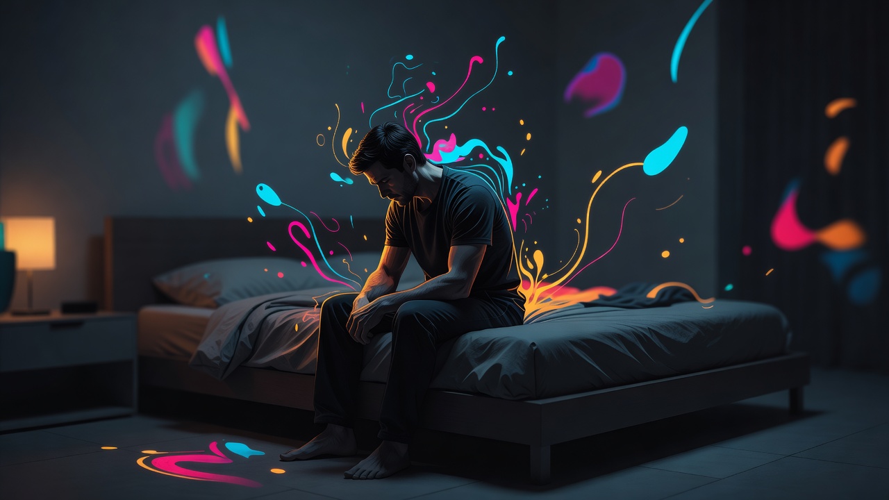 A man sitting alone at the edge of a bed at night, head bowed, finally still