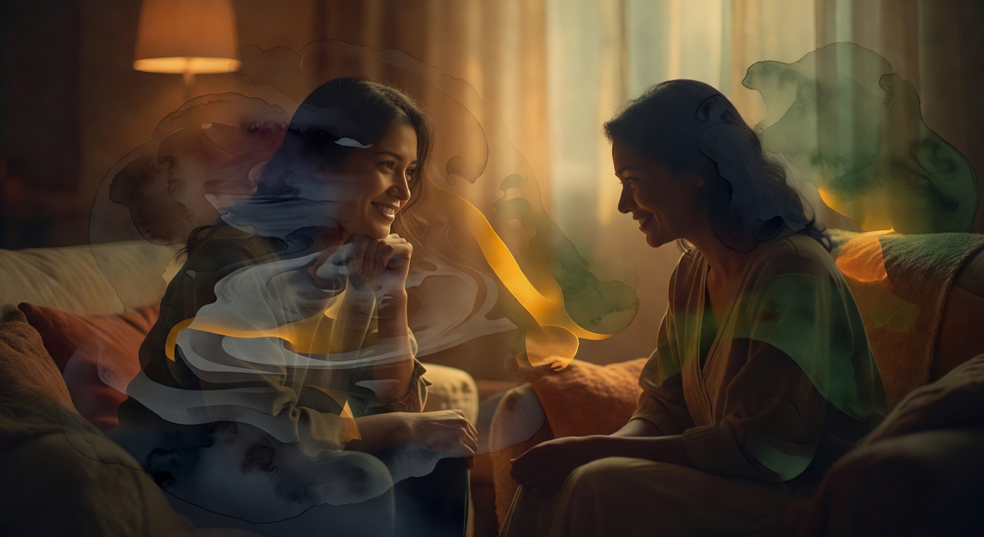 Two people in gentle conversation, one listening intently