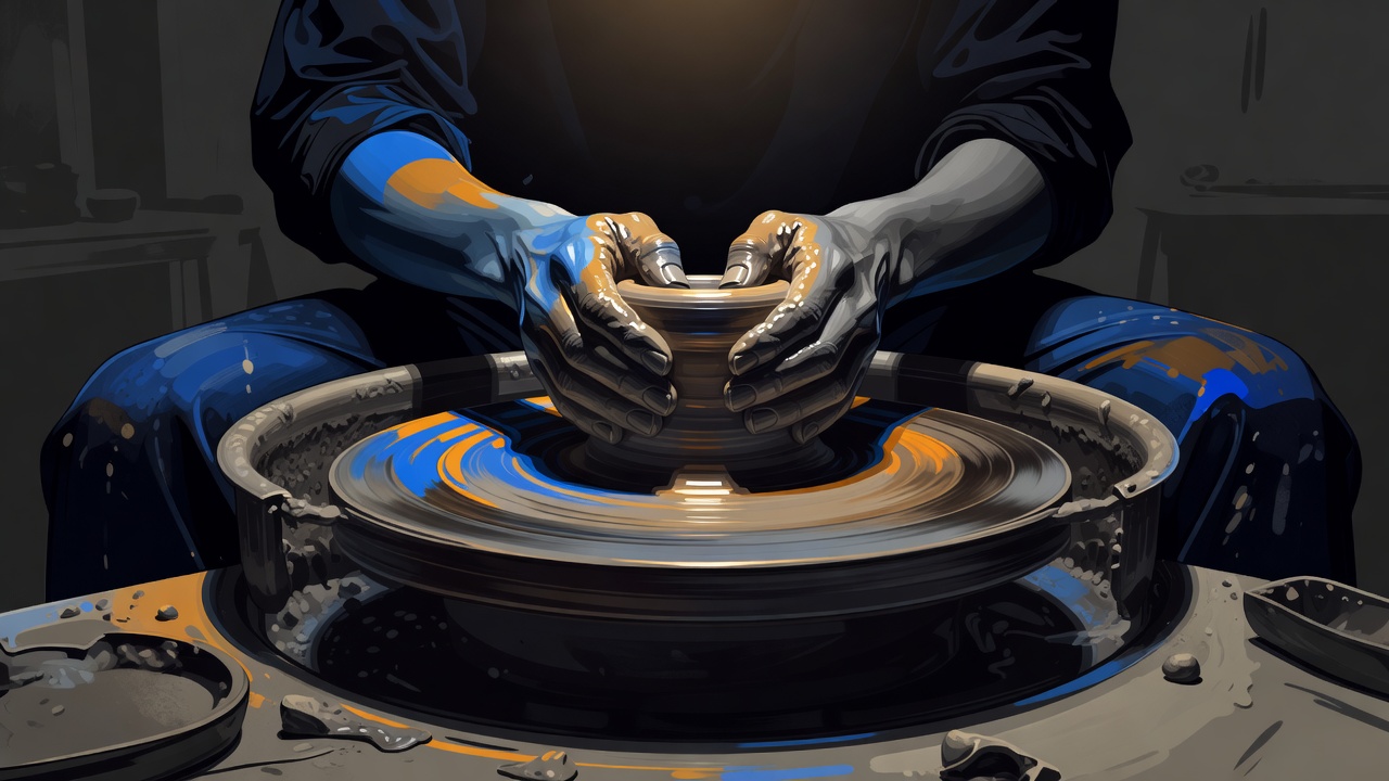 A pair of hands centered on a spinning potter's wheel, fully absorbed in the work