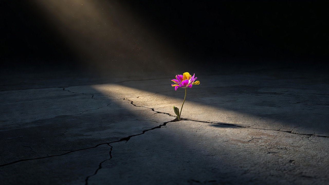A single wildflower growing through a crack in gray pavement, catching the light