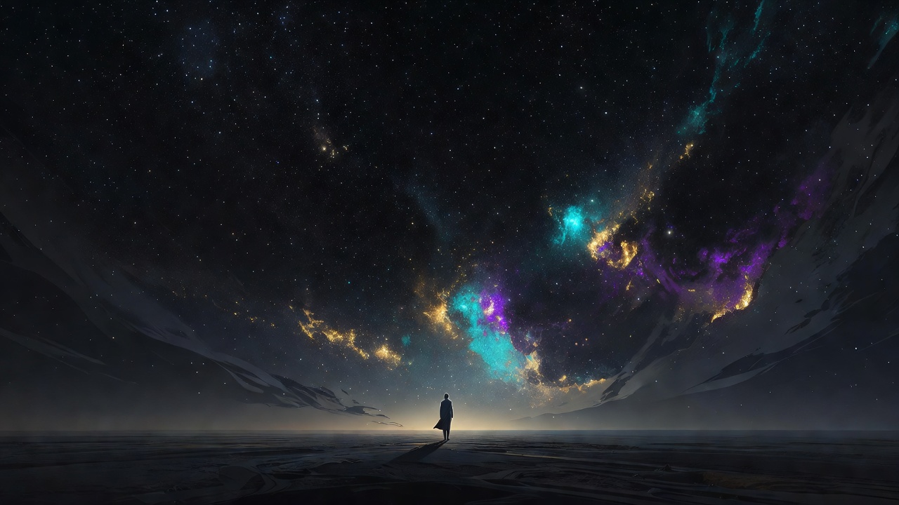 A lone figure standing small beneath a vast star-filled night sky