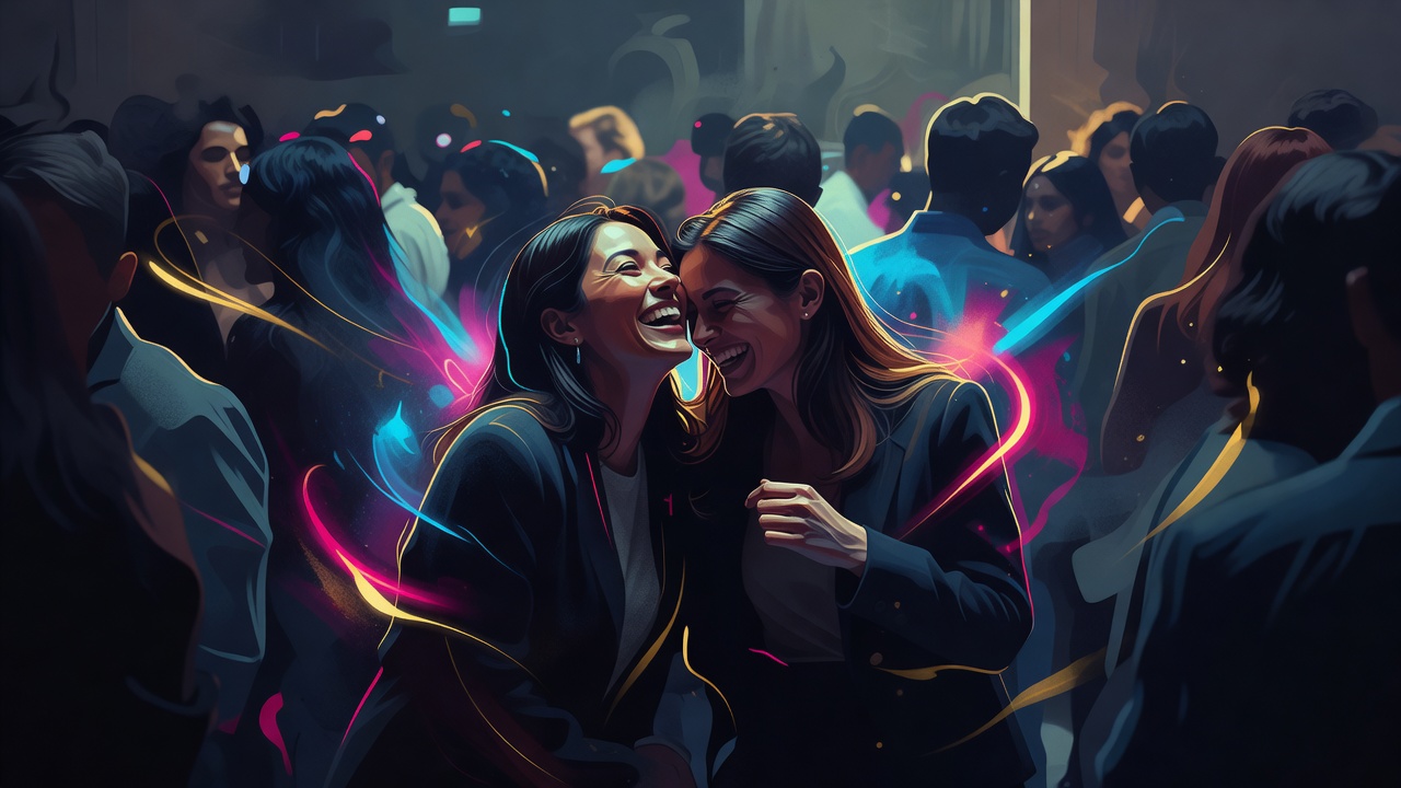 Two people mid-laugh leaning toward each other at a crowded gathering