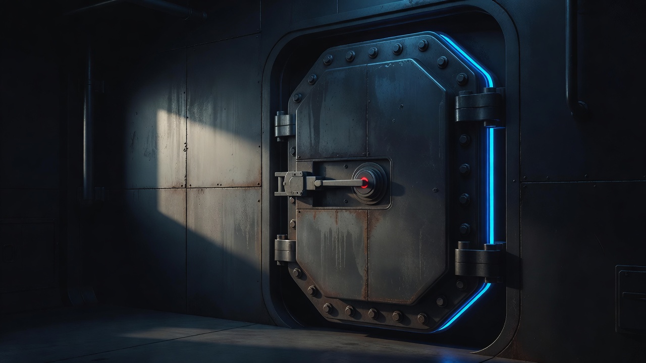 A ship's watertight bulkhead door sealed shut in calm morning light