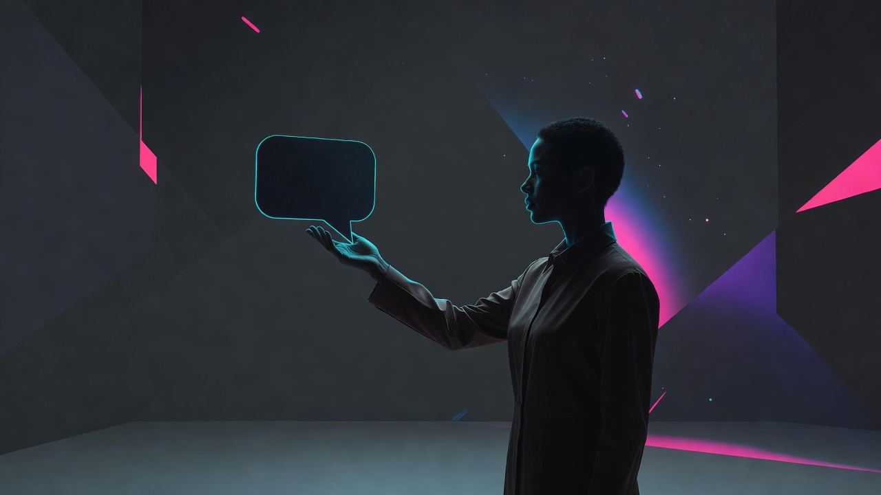 A person calmly holding a small dark speech bubble at arm's length instead of swallowing it