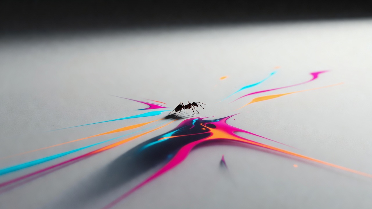 A single ant walking across a stark white surface