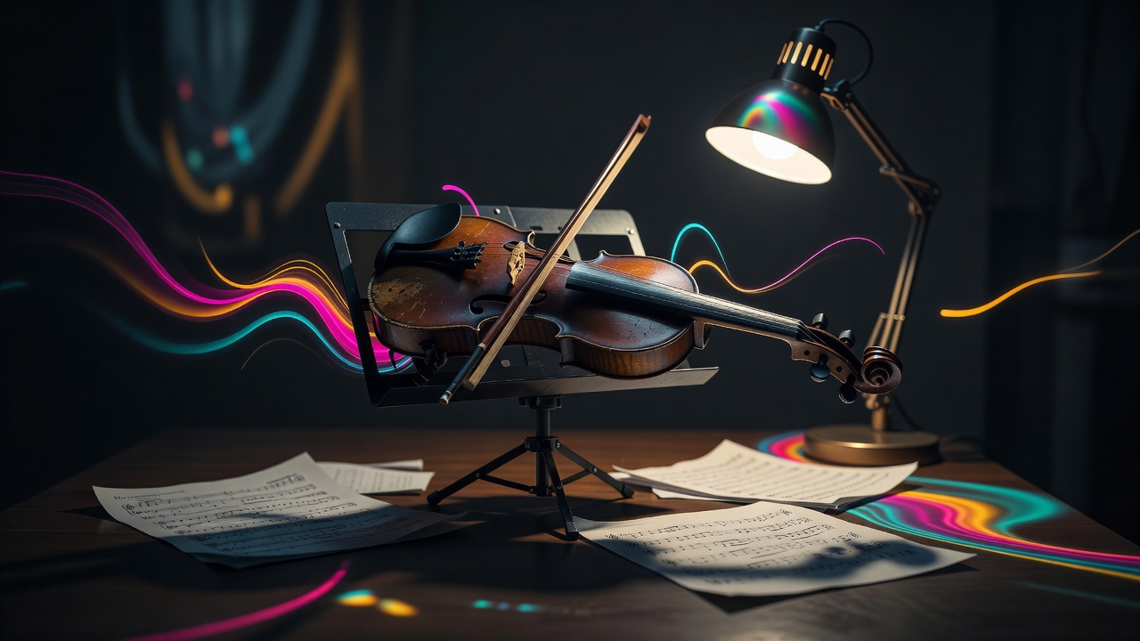 A worn violin left mid-practice on a stand under a single lamp late at night