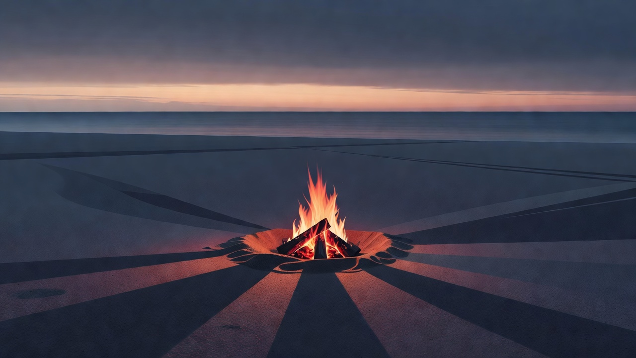 A small campfire glowing on an empty beach at dawn