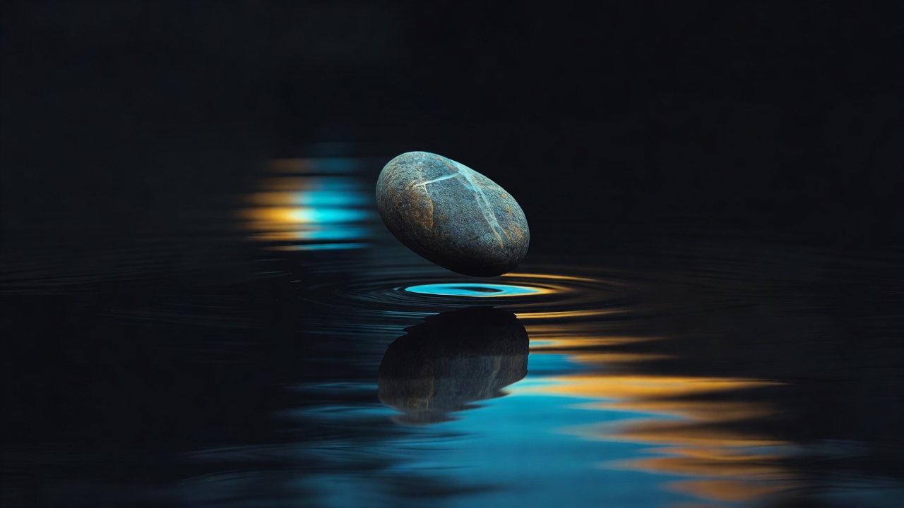 A single stone held above still water before the ripple
