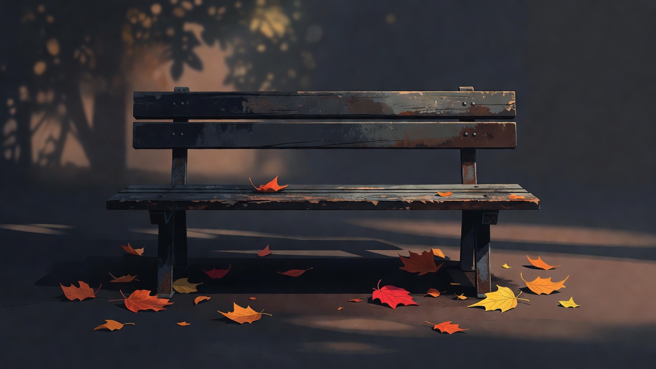 A weathered park bench in soft afternoon light with a few fallen leaves around it