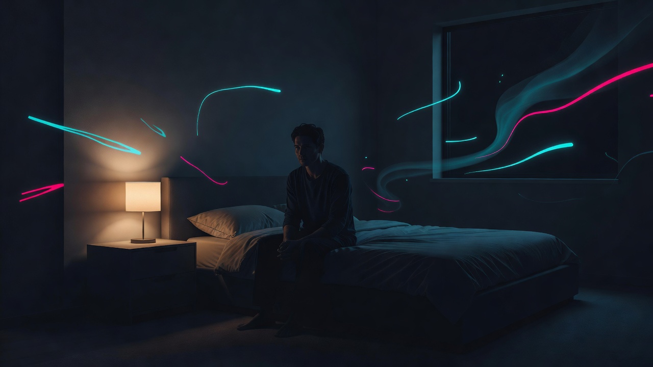 A single lamp lit in a dark bedroom, someone awake with their thoughts near midnight