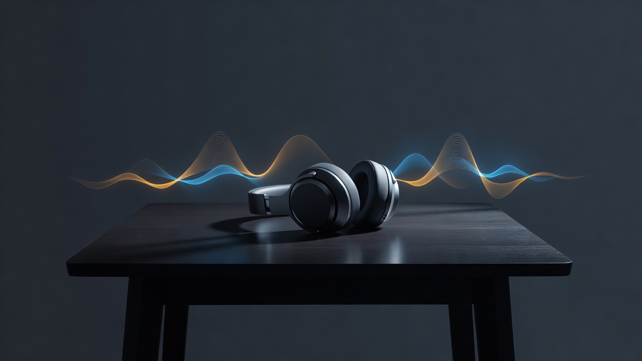 A single pair of headphones resting on a table with faint warm sound-wave ripples in the air around them