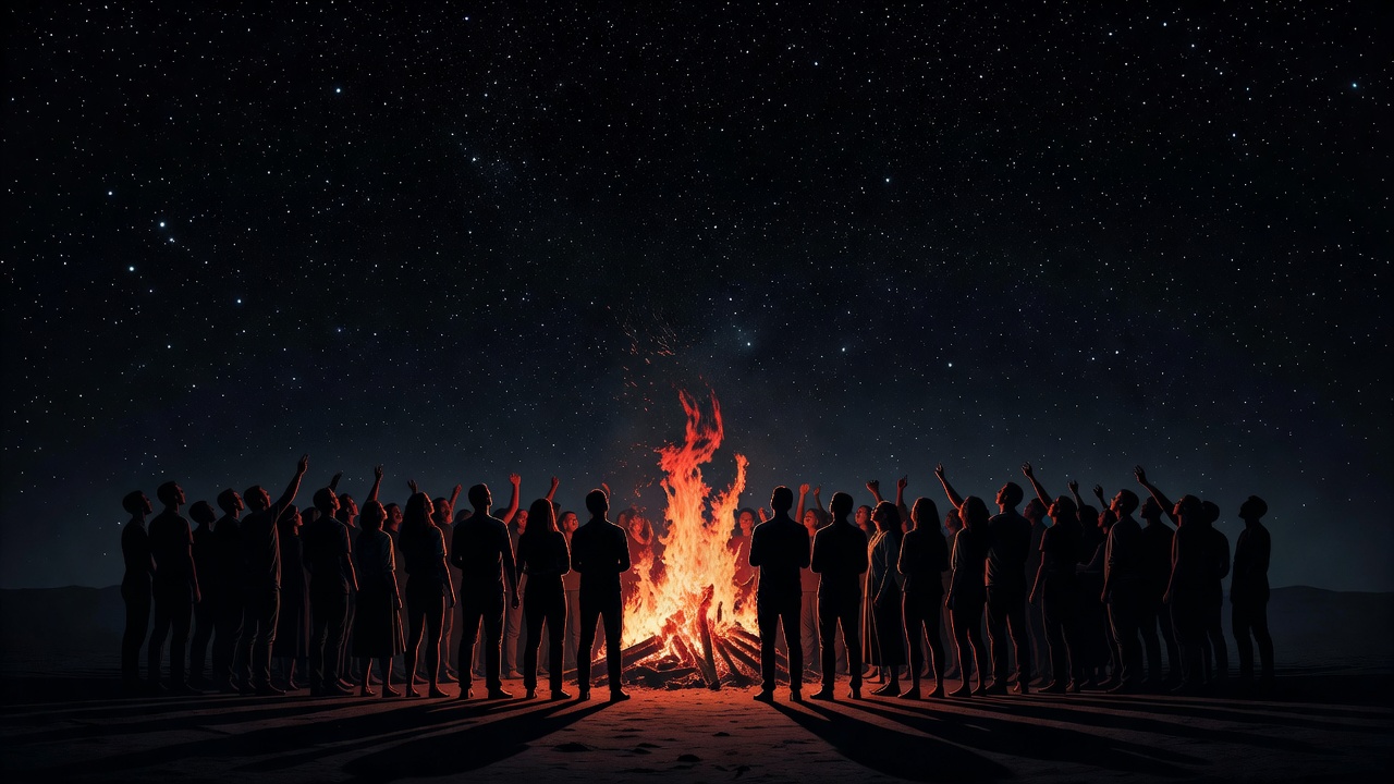 A crowd of silhouettes singing together around a fire under the stars