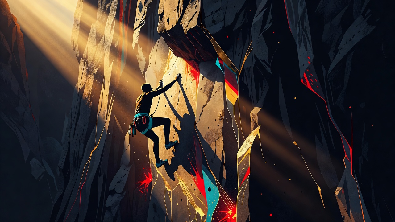 A lone rock climber reaching for the next hold on a sunlit cliff