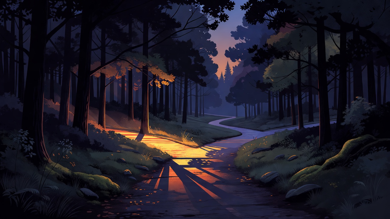 A forked path in a quiet forest at dusk with one trail fading into shadow