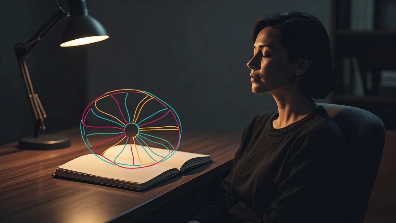 A simple wheel diagram sketched in a notebook, a person seated calmly at its center