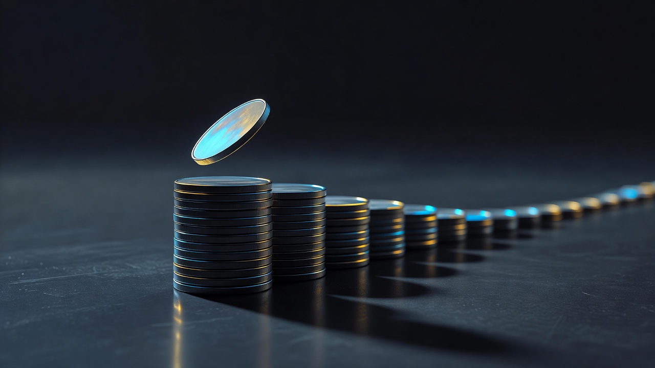 A single coin dropped onto a slowly growing stack that trails off the edge of the frame