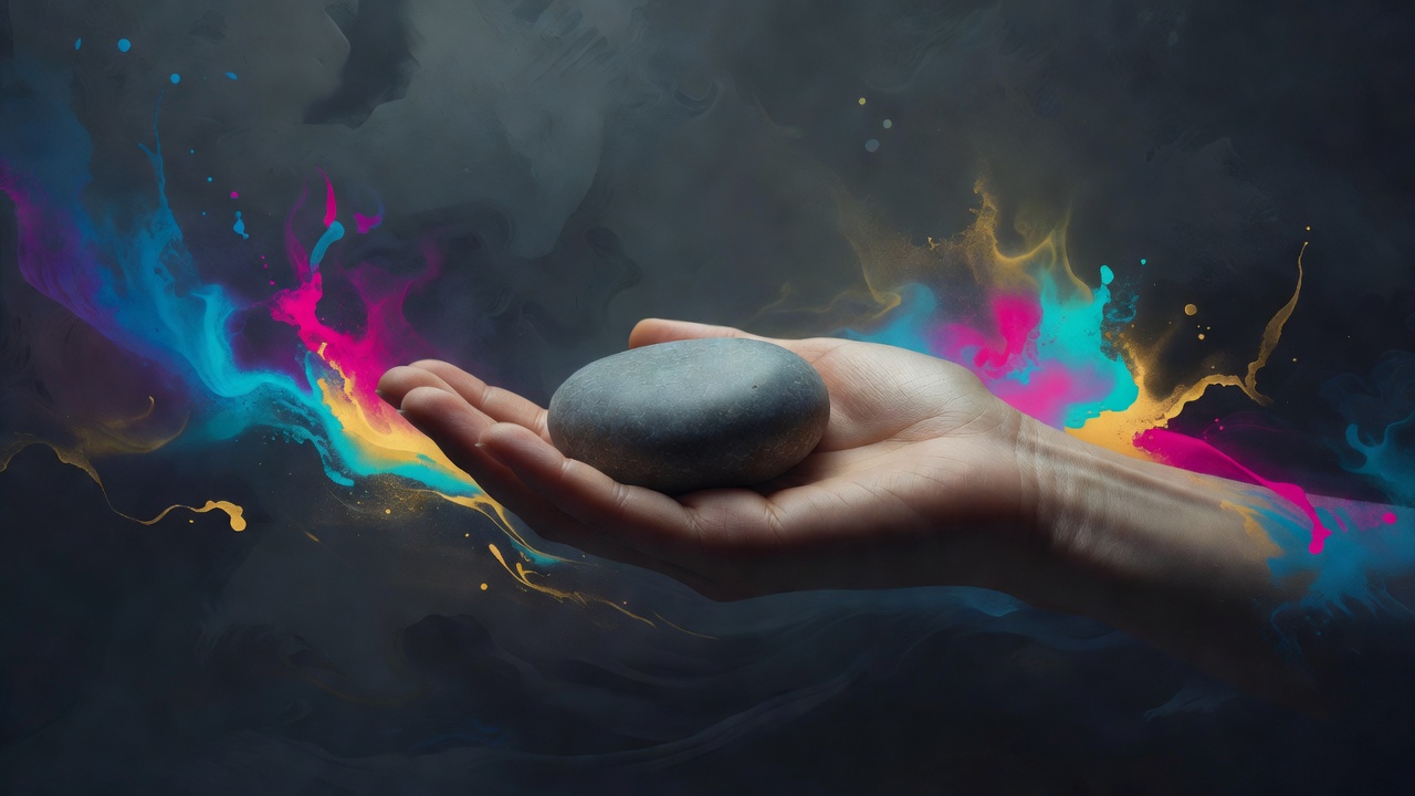 A single smooth grey stone resting quietly in the palm of an open hand in soft light