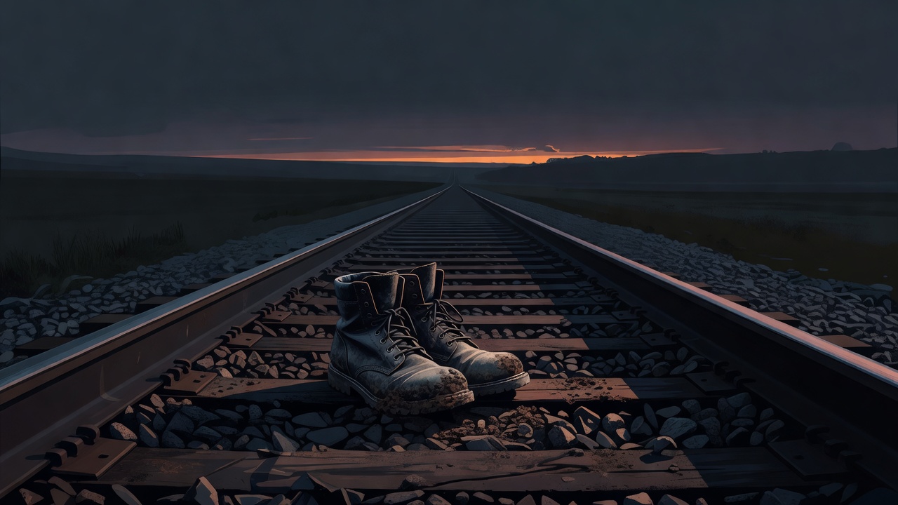 An empty pair of worn boots beside a railroad track at dusk