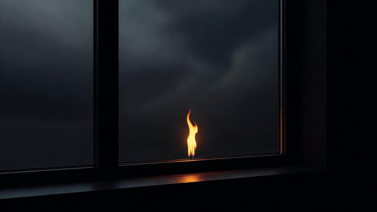 A single candle burning steady in a dark window