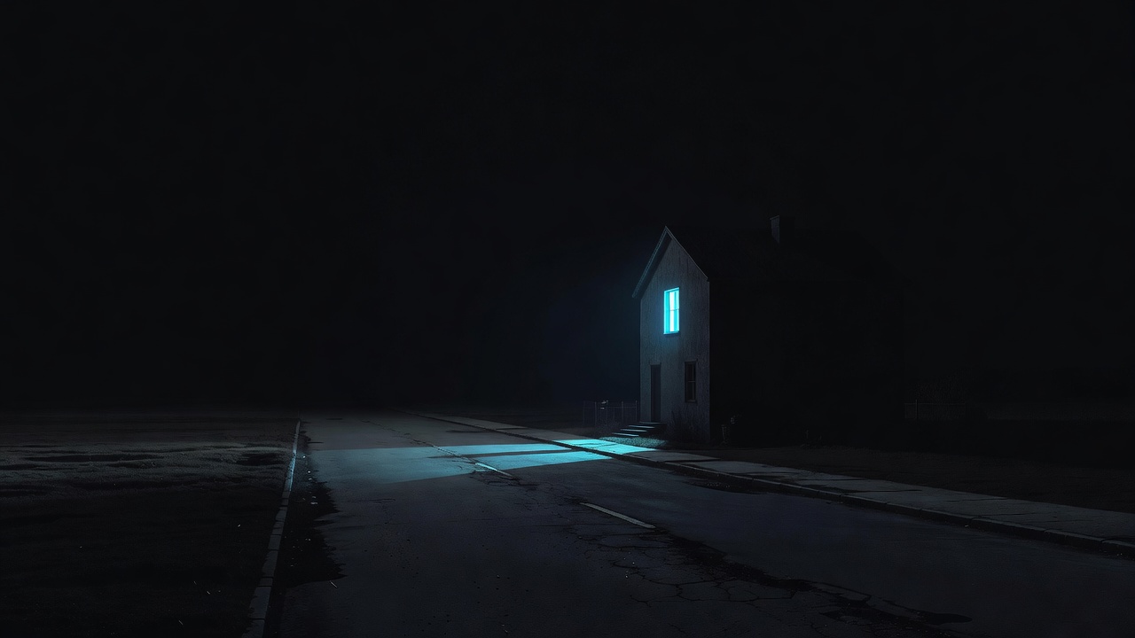 A single lit window in a house on a dark street