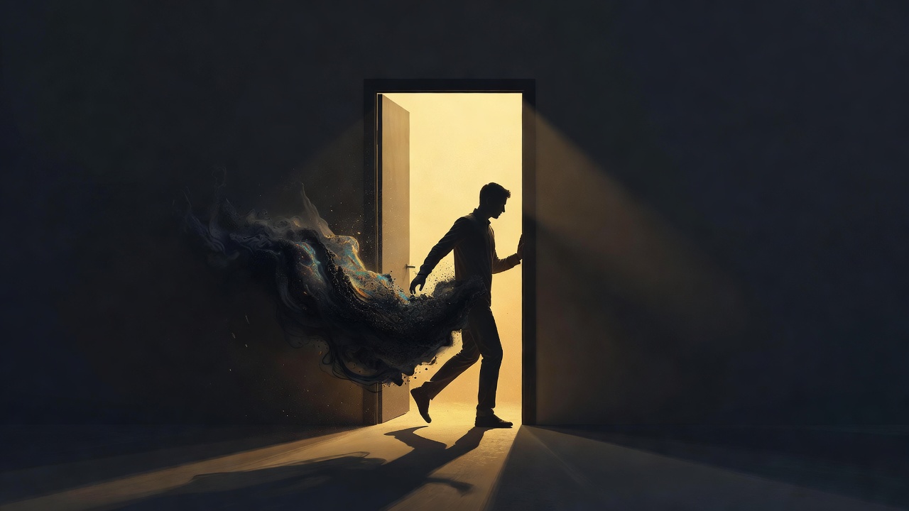 A person stepping out of a dark doorway into warm light