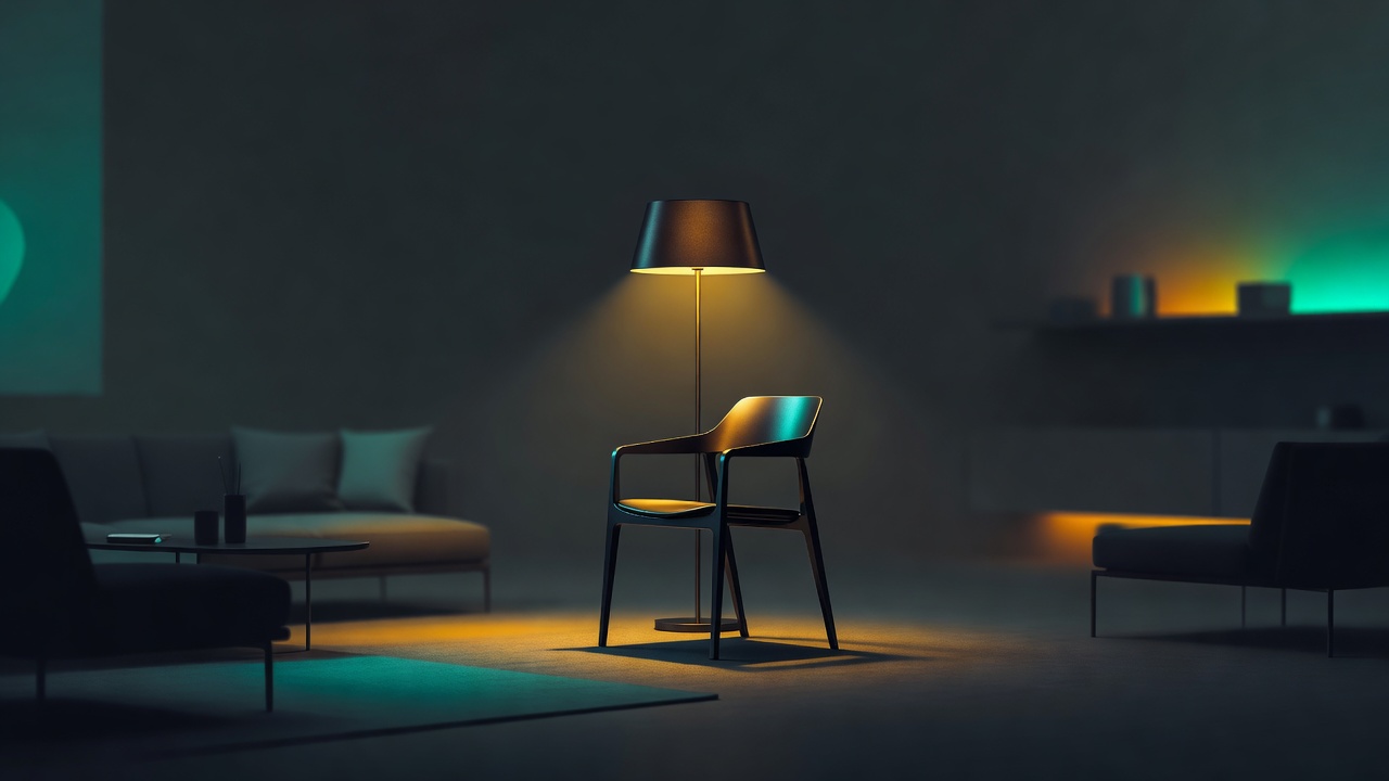 A warm lamp lighting a single chair clearly while the rest of the room stays in soft shadow