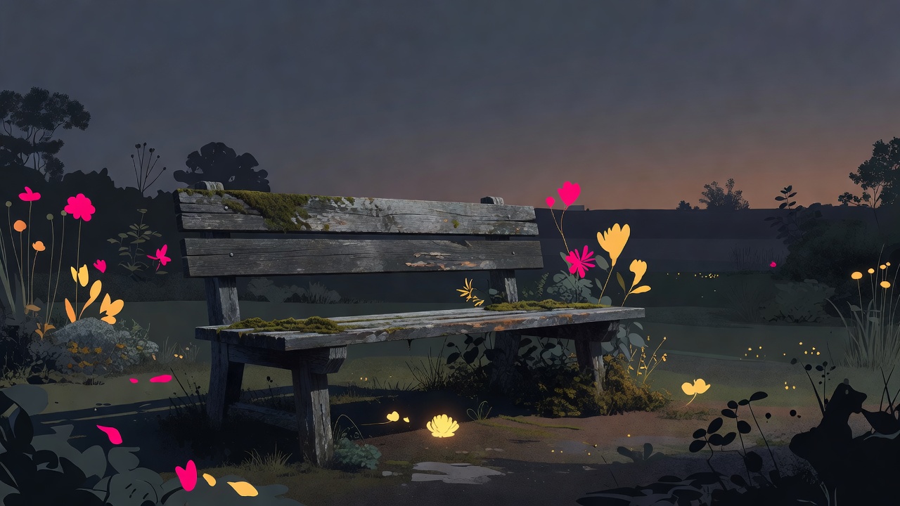 A single weathered wooden bench in a quiet garden at dusk
