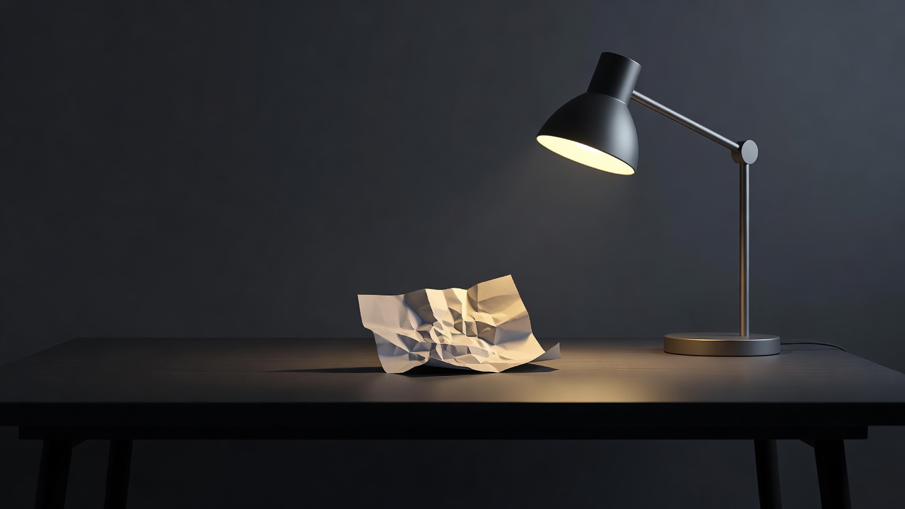 A single crumpled note being smoothed flat under a desk lamp in warm light