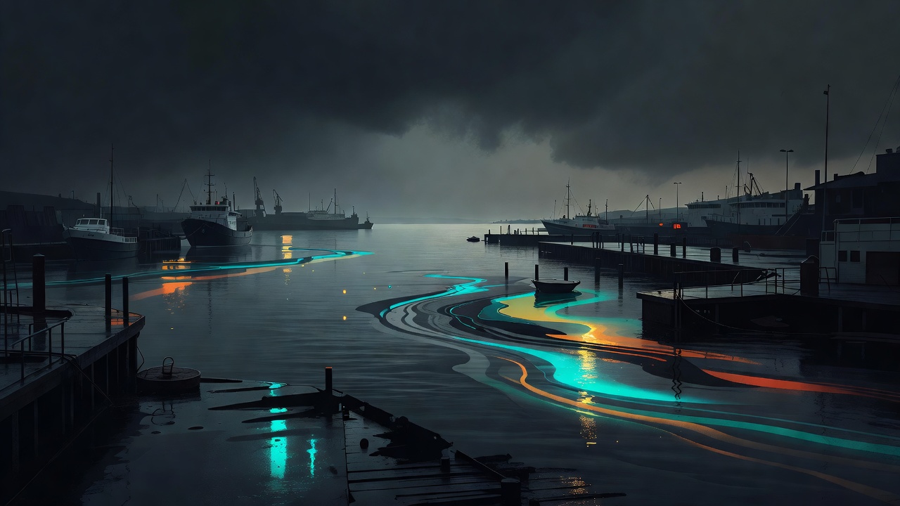 A calm harbor with the water settling after a passing storm