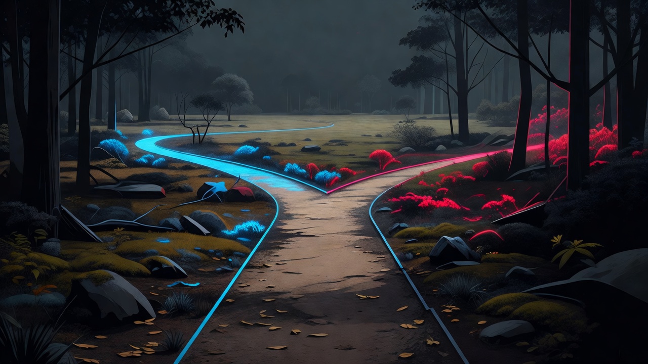 A single path splitting into two through open woods