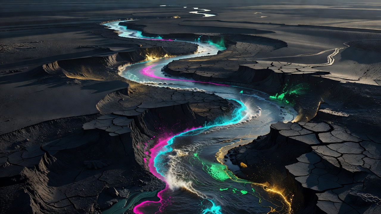 A river carving a fresh channel through open land