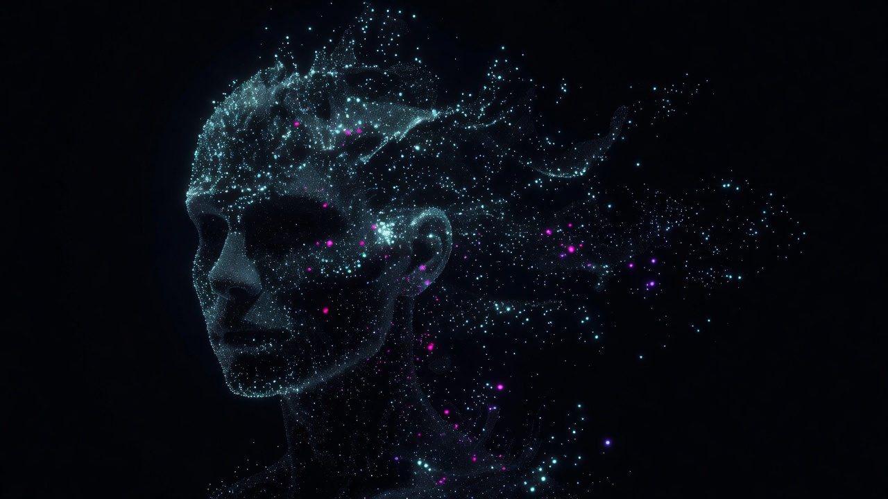 A human face made of tiny points of light, half of it still dark and forming