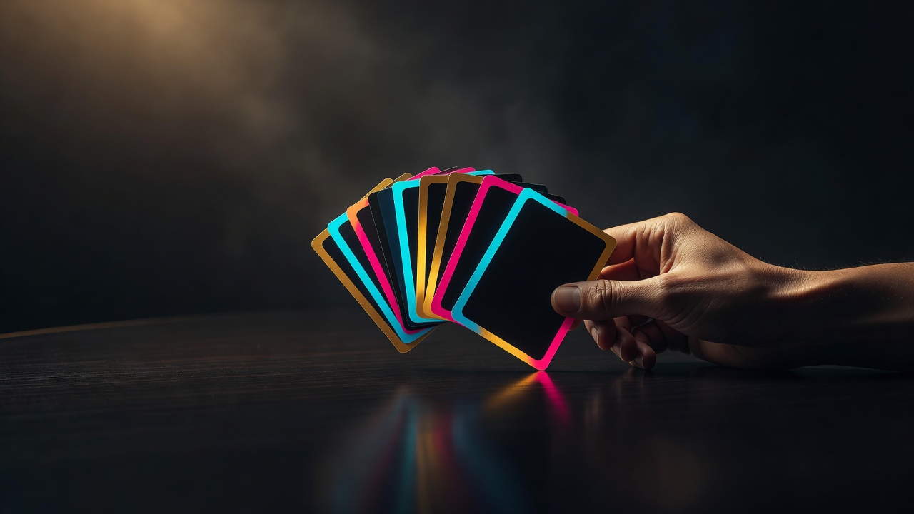 A hand of cards held steady, one card being deliberately played onto a table