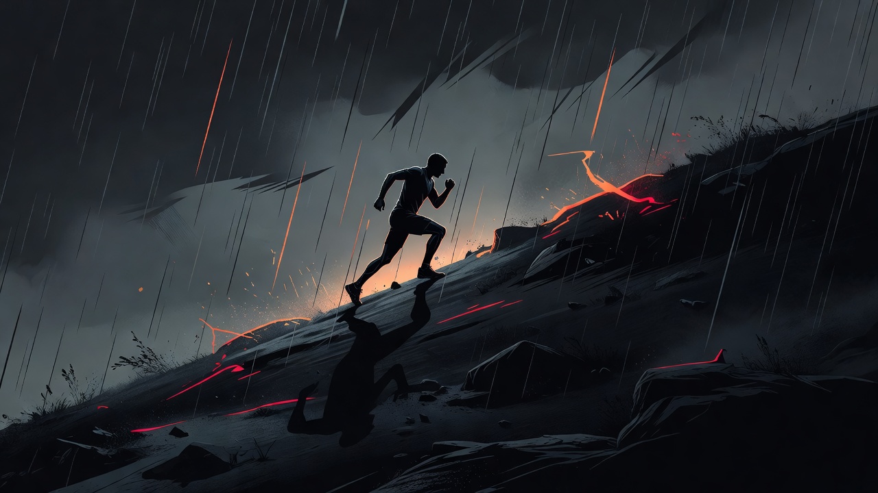 A lone runner's silhouette pushing up a steep dark hill in driving rain before dawn