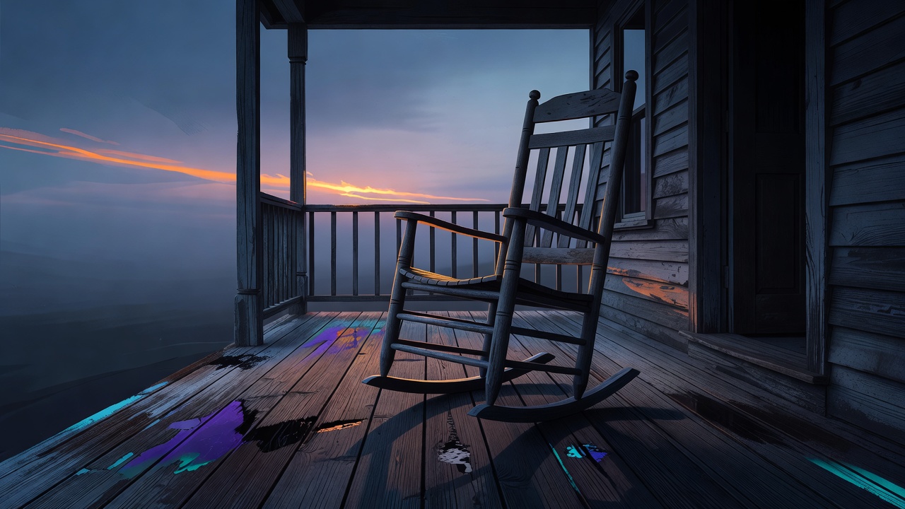 An old front porch at dawn with a rocking chair, a long life's worth of weather behind it