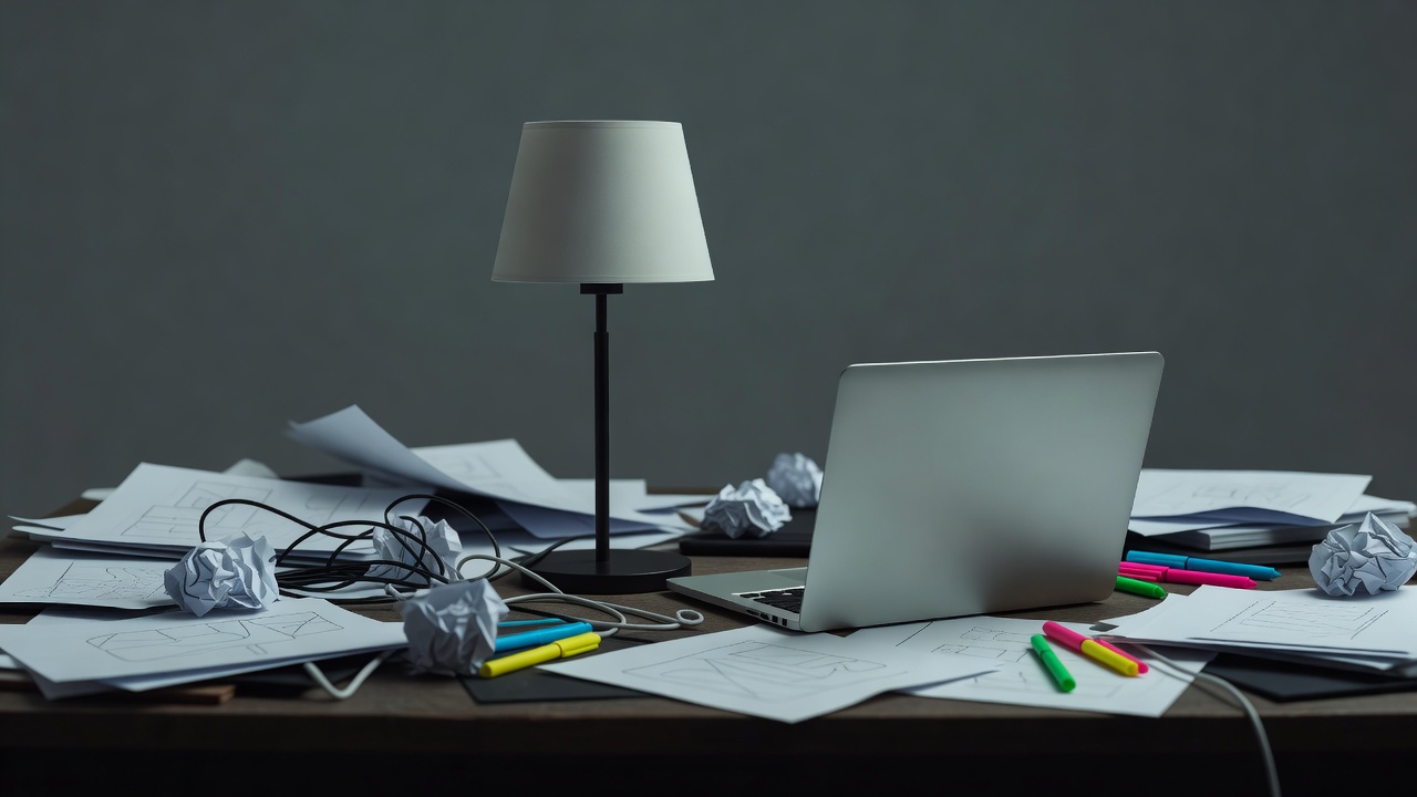 A single unlit lamp on a desk beside a closed laptop in flat grey light