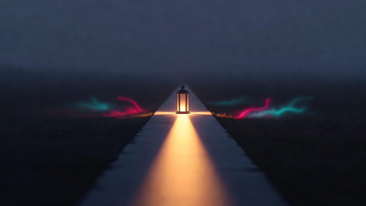 A single lit lantern focusing its light on one path while the surrounding field stays dim