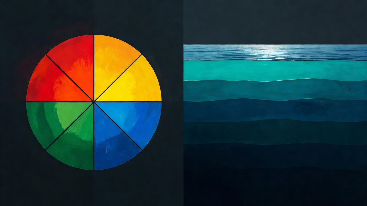 A four-quadrant DISC color wheel beside a deep cross-section of ocean water showing five layered strata for the Big Five traits