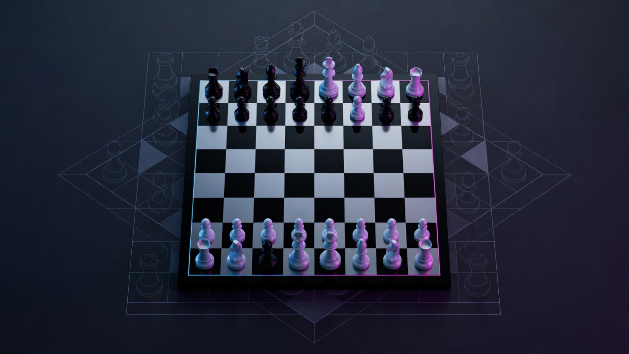 A chessboard seen from above with a wider board faintly drawn around its edges