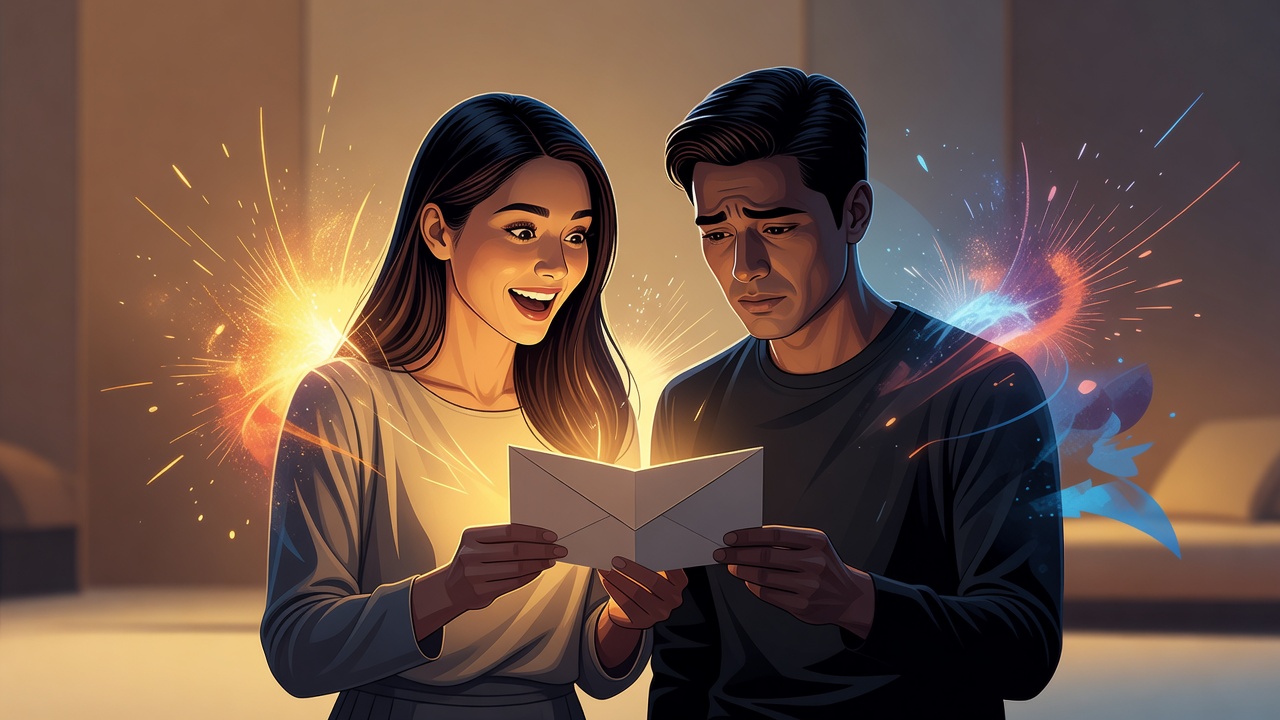 A couple looking at an invitation, one face lighting up with excitement, the other filling with dread