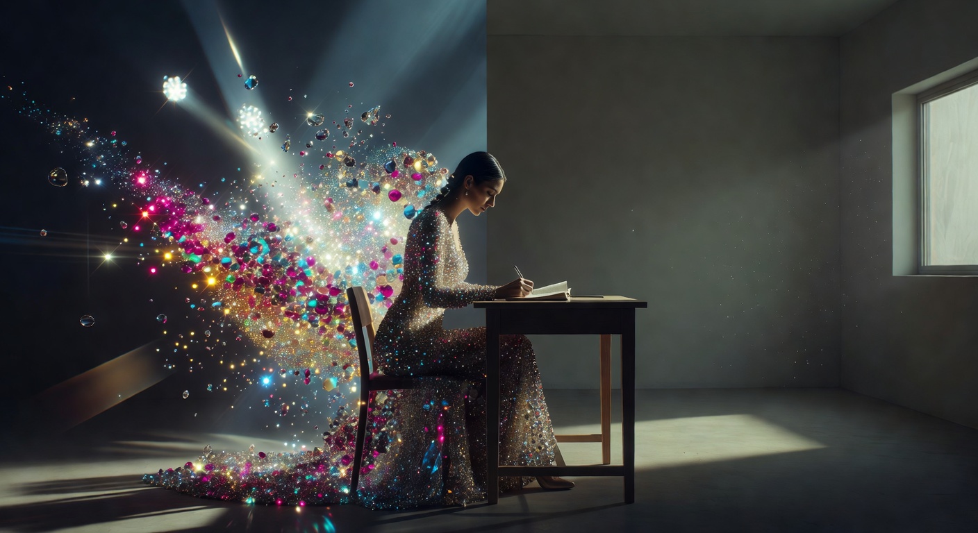 A woman in rhinestones sitting at a plain wooden desk writing, split between glamour and solitude